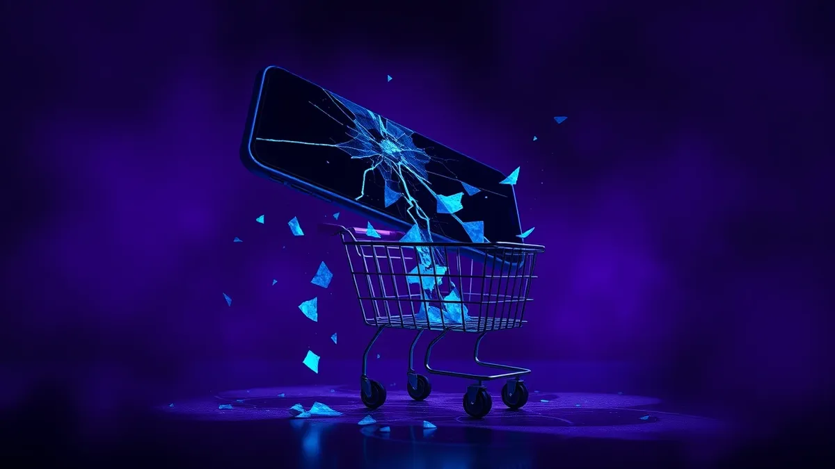 Illustration: A cracked smartphone hovers over a disintegrating shopping cart icon, with jagged blue shards of data leaking from the phone’s screen into the cart’s hollow base, sym