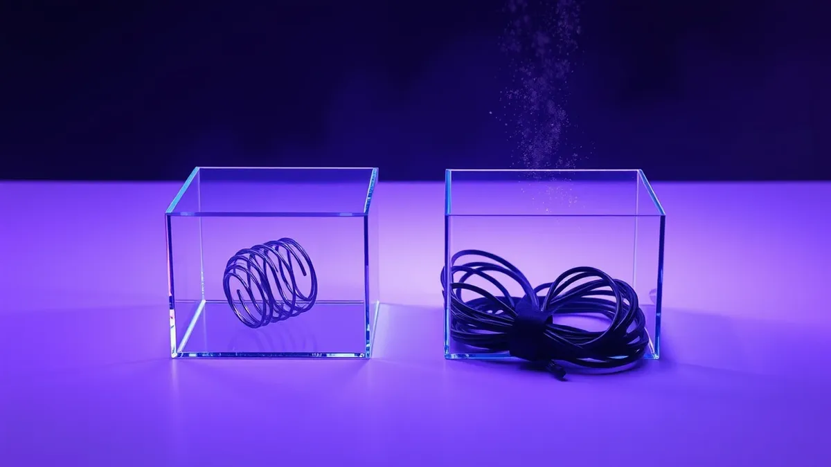 Illustration: A transparent glass box sits on a clean white surface, containing a tightly coiled spring representing compressed code.