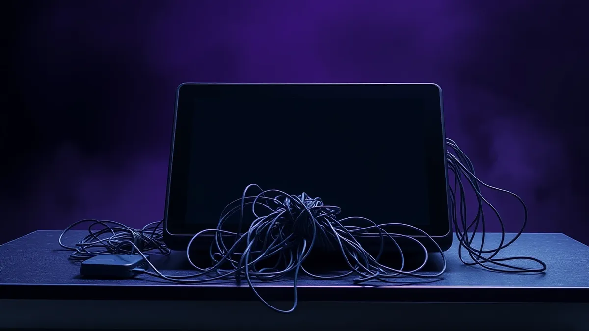 Illustration: A sleek warehouse management terminal sits on a metal desk, its blank screen reflecting a chaotic maze of tangled digital cords.