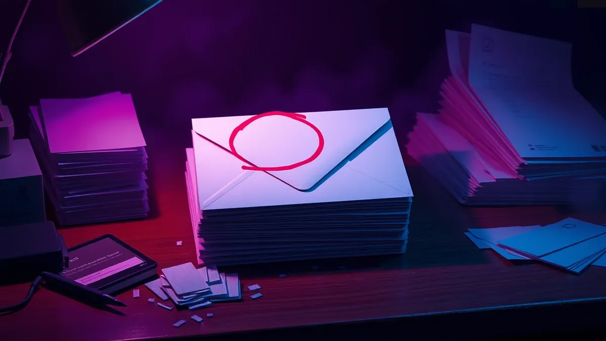 Illustration: A wooden desk holds a stack of blank white envelopes.