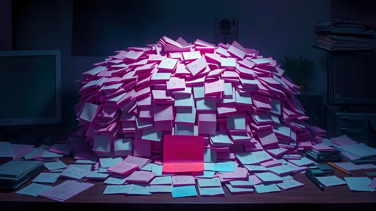 Illustration: A cluttered desk holds a messy pile of identical sticky notes covering most of the surface, hiding a single bright red alert card tucked underneath the chaotic stack.