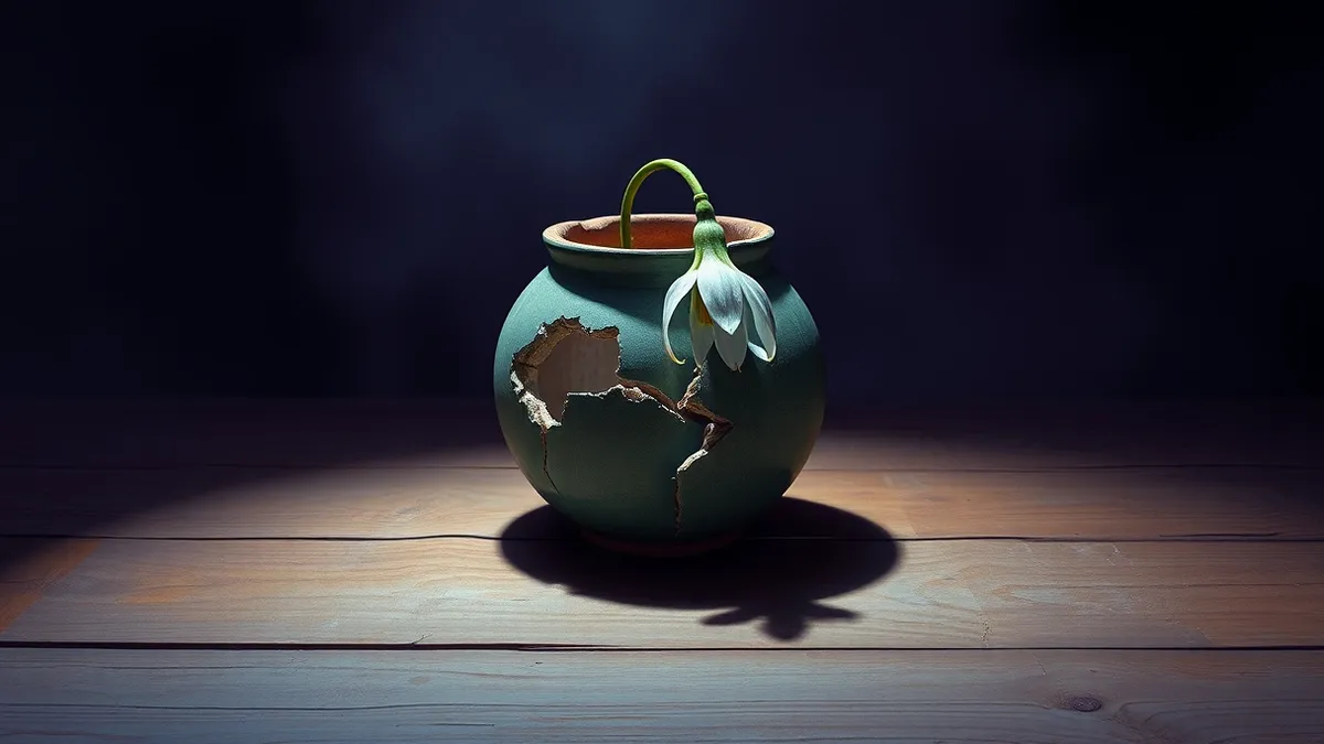 Illustration: A cracked ceramic vase sits on a dusty wooden desk, its pieces revealing sharp, jagged edges inside the hollow shell.