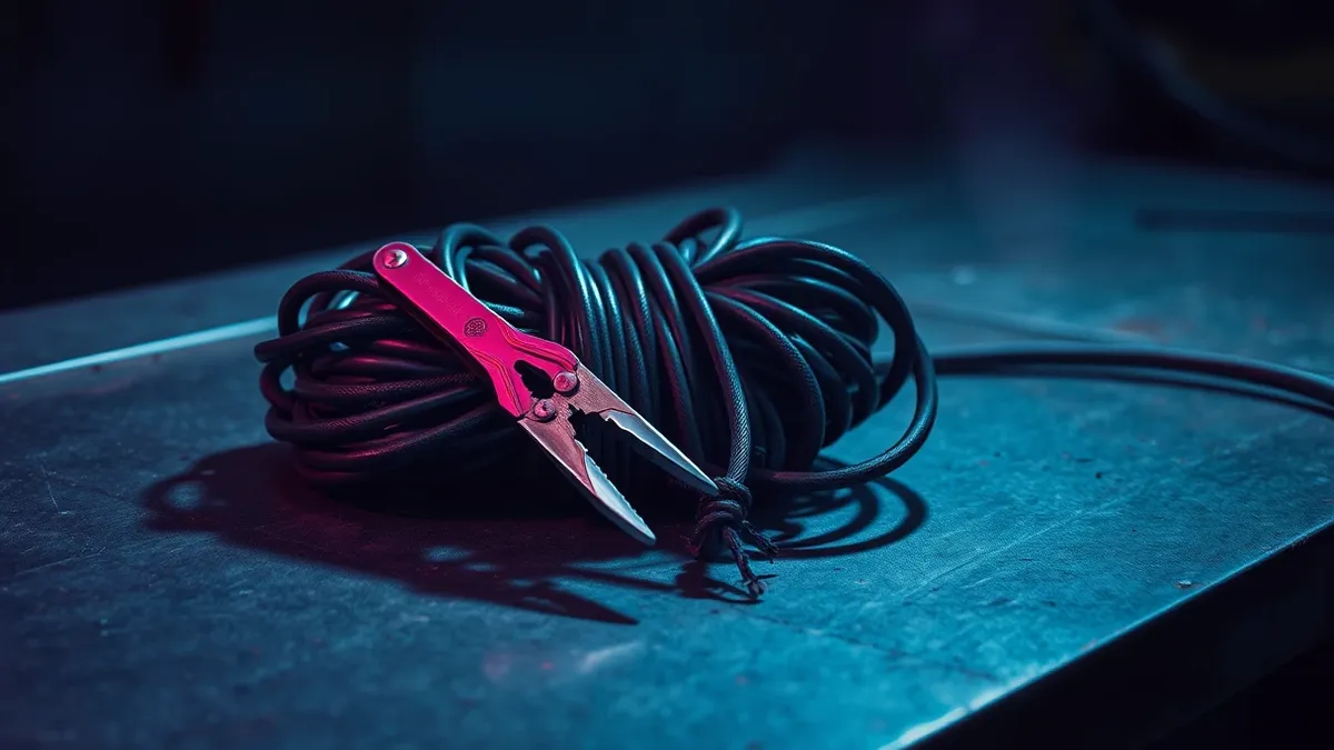 Illustration: A tangled knot of thick industrial cables sits on a steel workbench.