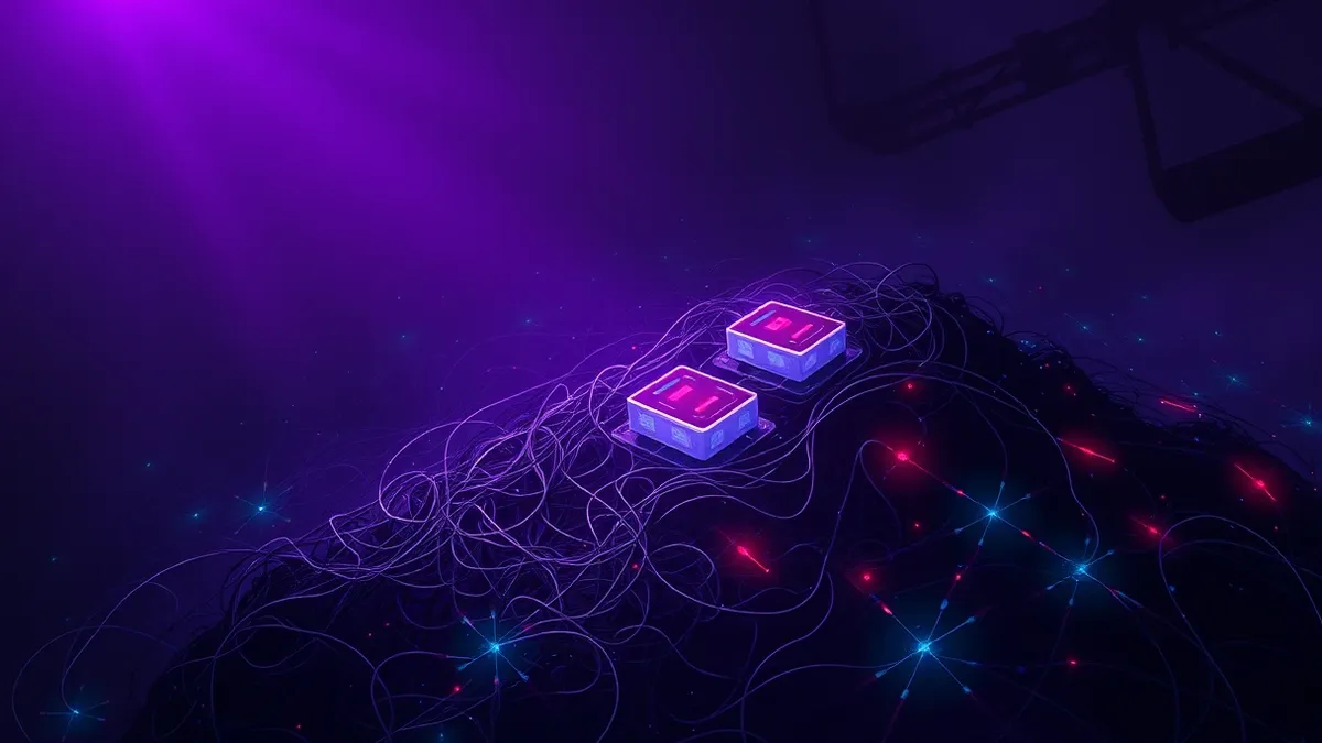 Illustration: A glowing scanner beam sweeps over a tangled pile of tangled, glowing code lines.