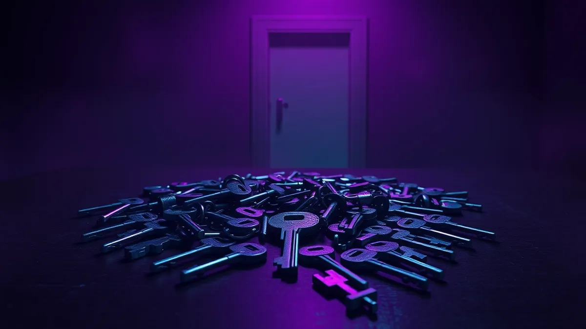 Illustration: A single key rests on a table, surrounded by a chaotic pile of identical duplicate keys scattered across the surface.