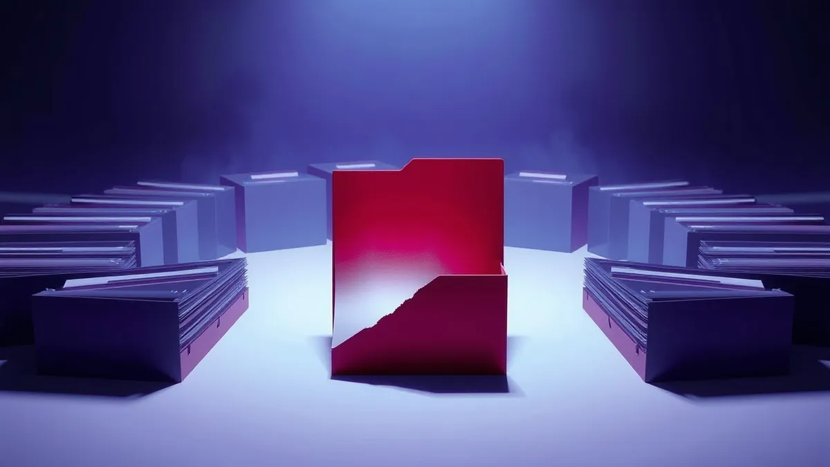 Illustration: A single red file folder sits on a sterile white desk, surrounded by a ring of grey folders.