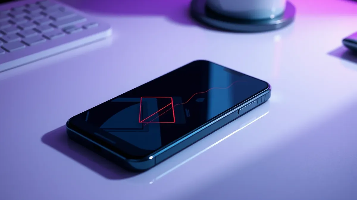 Illustration: A sleek black smartphone rests on a clean white desk, its screen displaying a minimalist interface with abstract geometric shapes.