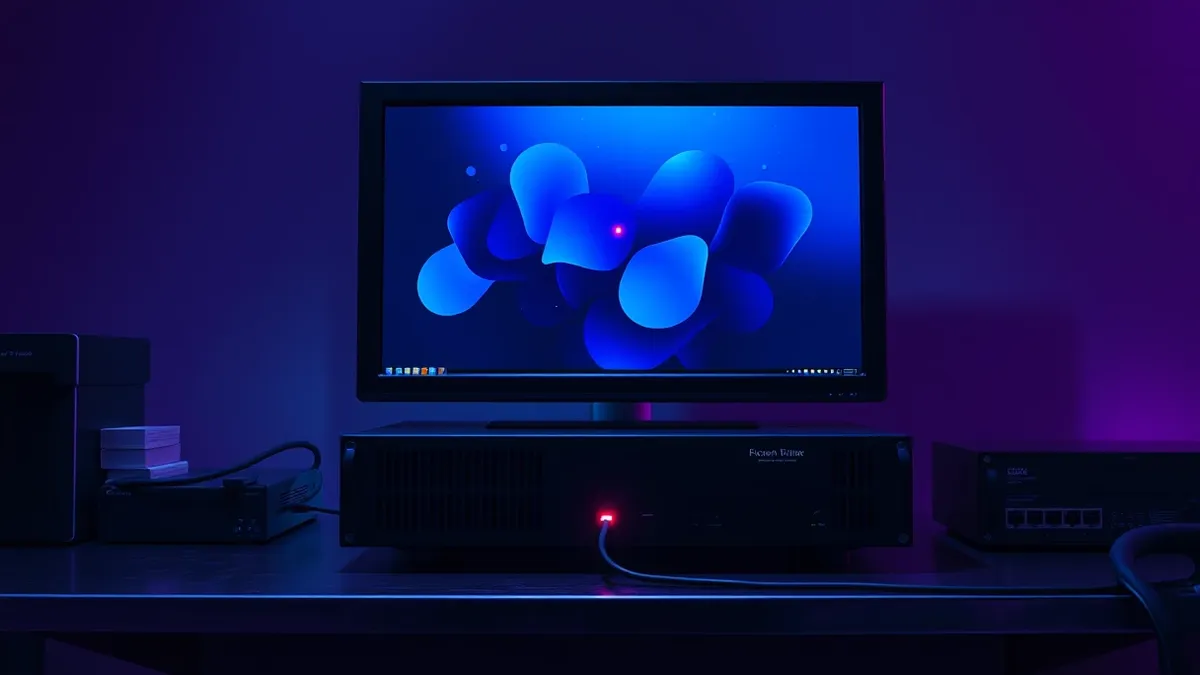 Illustration: A sleek black security appliance sits on a metal desk with a blank monitor displaying abstract blue shapes.