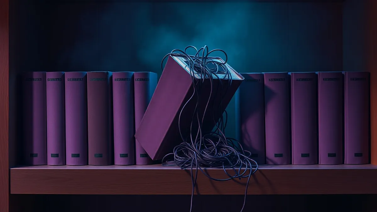 Illustration: A wooden bookshelf holds several plain, unmarked hardcover books.