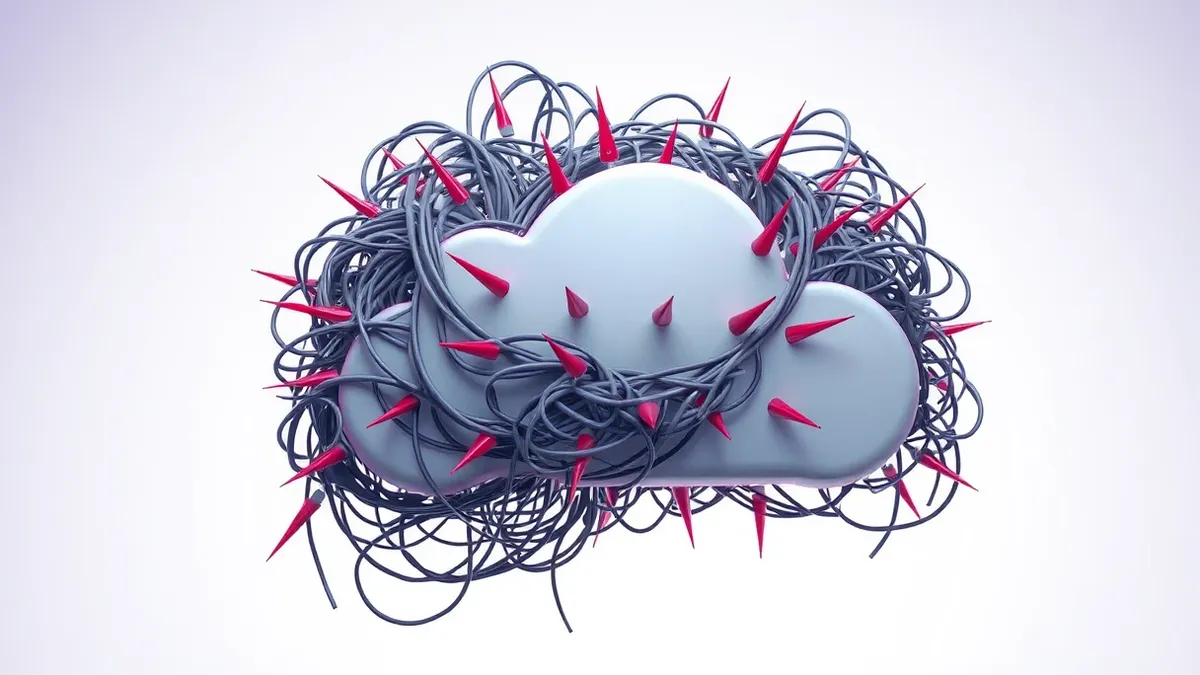 Illustration: A thick, tangled bundle of chaotic gray cables wraps tightly around a smooth, white cloud icon.