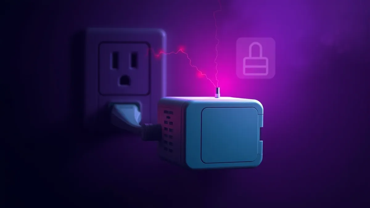 Illustration: A white powerline adapter sits plugged into a wall socket.