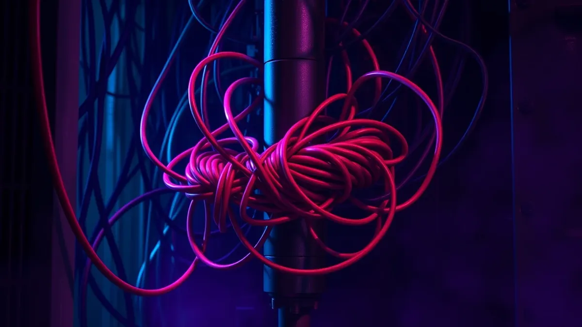 Illustration: A tangled knot of red wires snakes through a tangled mess of server cables, wrapping tightly around a sturdy metal pipe to steal its structural integrity.