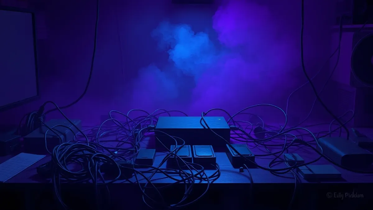 Illustration: A tangled mess of loose wires and disconnected cables snakes across a messy desk, bypassing a neat central hub.