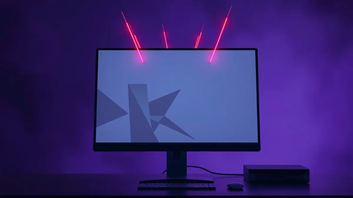 Illustration: A sleek computer monitor displays a blank browser window with abstract gray geometric shapes against a white background.