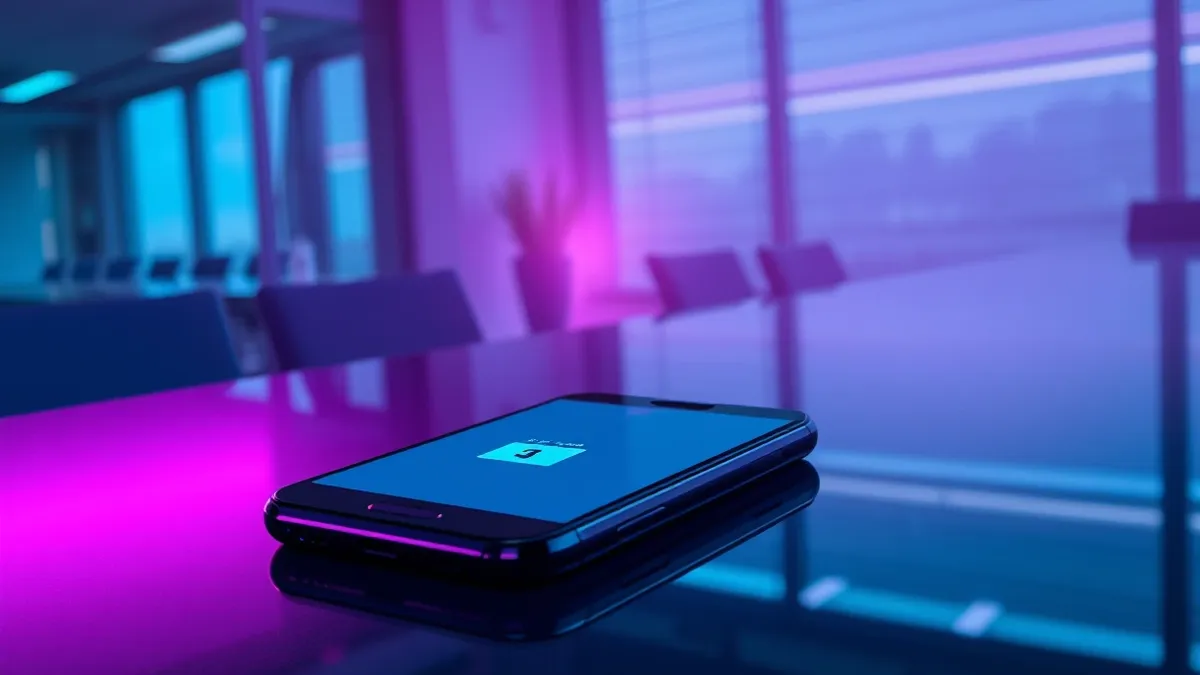 Illustration: A sleek smartphone rests on a polished desk, its blank screen reflecting the soft glow of a modern office.