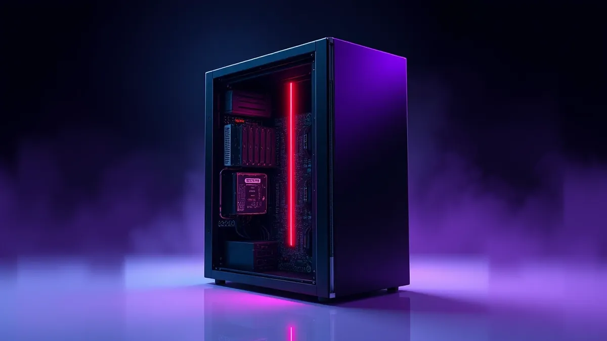 Illustration: A sleek black backup server tower sits on a sterile white surface with its side panel removed to reveal circuit boards.