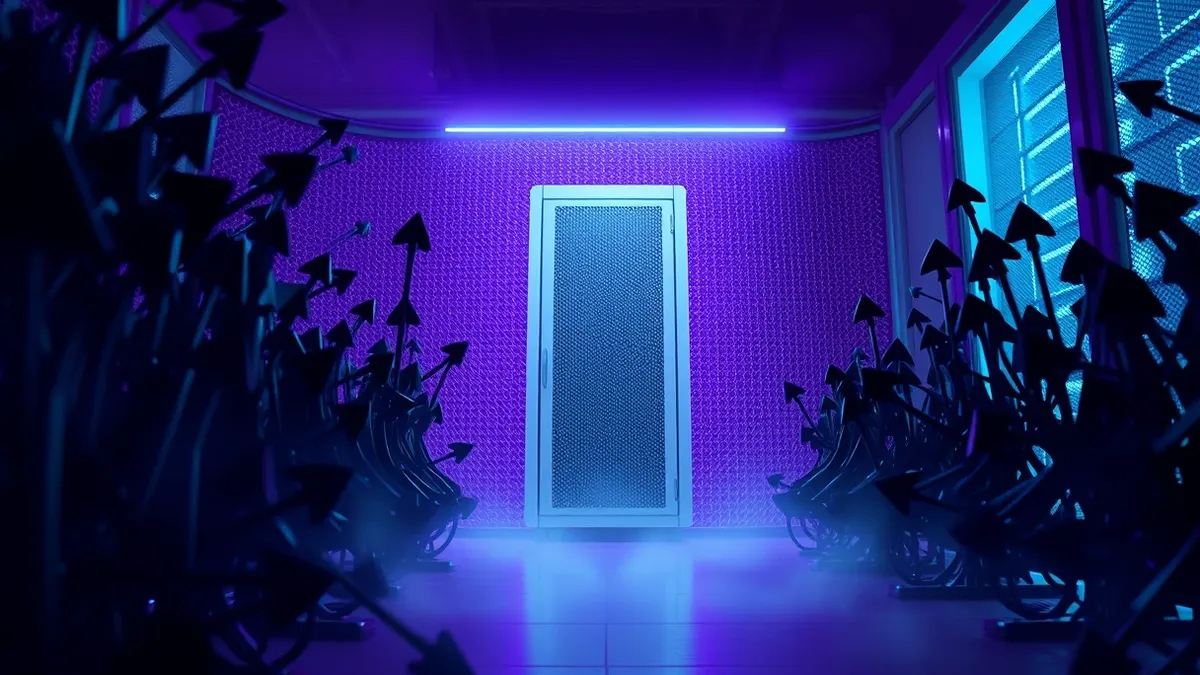 Illustration: A digital gatekeeper stands between a chaotic swarm of jagged black arrows and a pristine white server tower.
