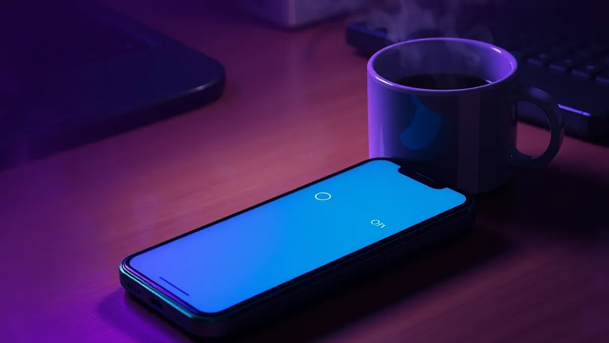 Illustration: A smartphone rests on a wooden desk next to a steaming mug.