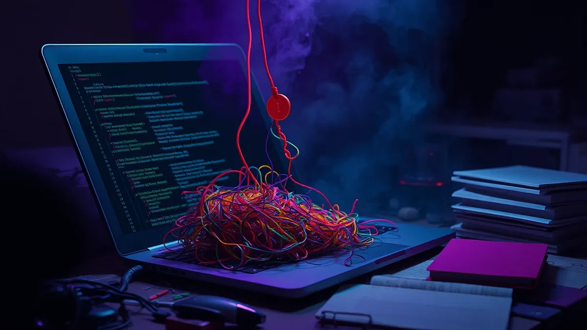 Illustration: A tangled nest of colorful code snippets spills from an open laptop onto a cluttered desk.