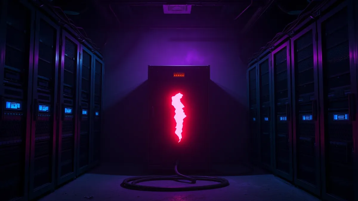 Illustration: A dusty, isolated server rack sits in a dimly lit room.