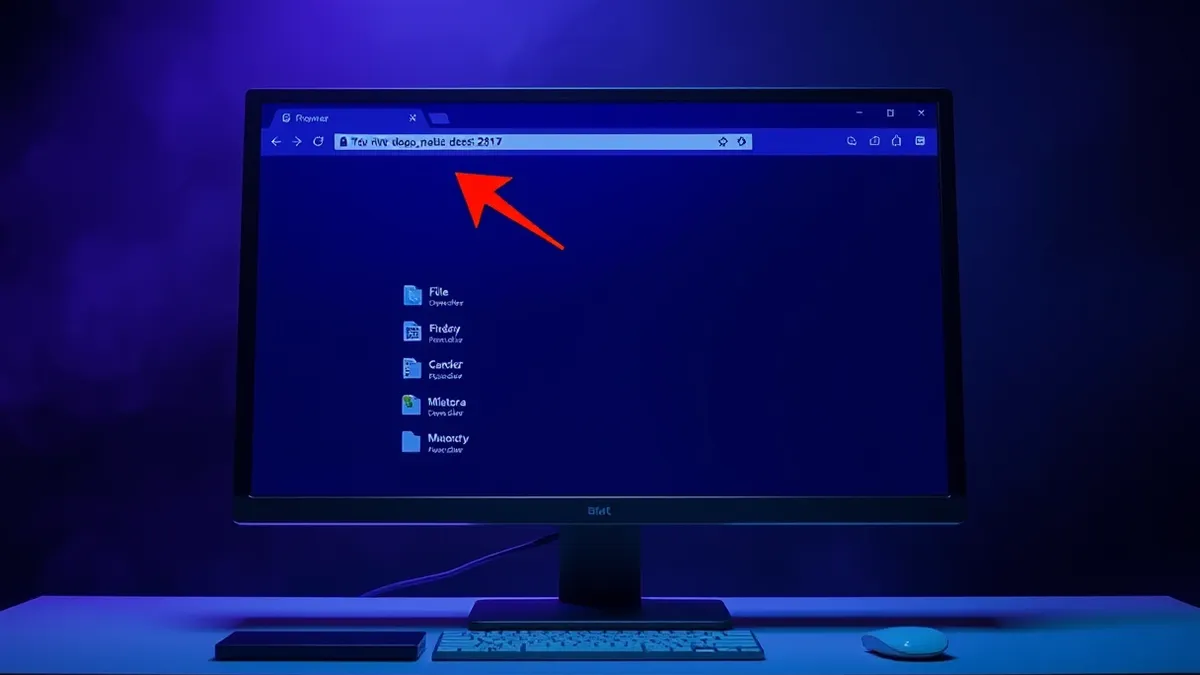 Illustration: A computer monitor displays a blank browser window containing a simple list of folder icons and file symbols arranged in columns.