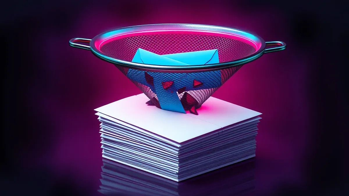 Illustration: A sleek, metallic sieve rests above a neat stack of white envelopes.
