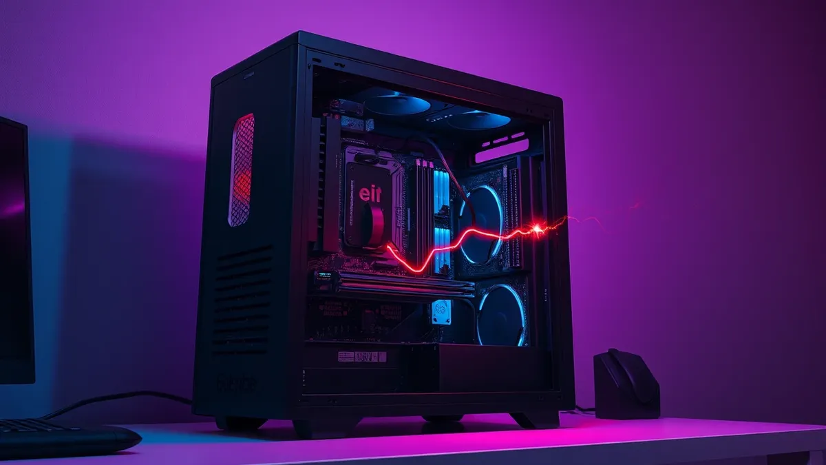 Illustration: A sleek black desktop tower sits on a white desk with its side panel removed, exposing the internal motherboard and memory slots.