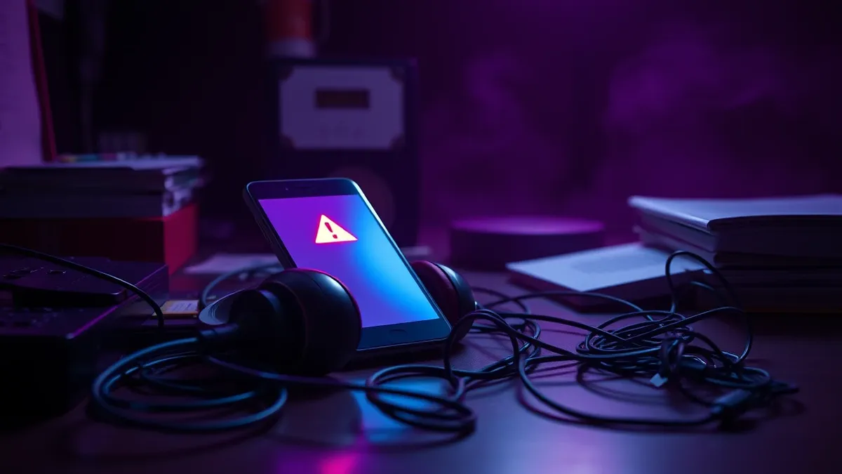 Illustration: A cluttered desk holds a smartphone displaying a bright red warning icon.