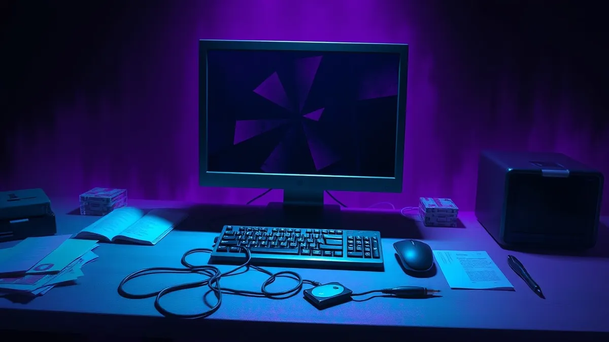 Illustration: A single desktop computer sits on a cluttered office desk, its monitor displaying abstract jagged shapes that suggest digital corruption.