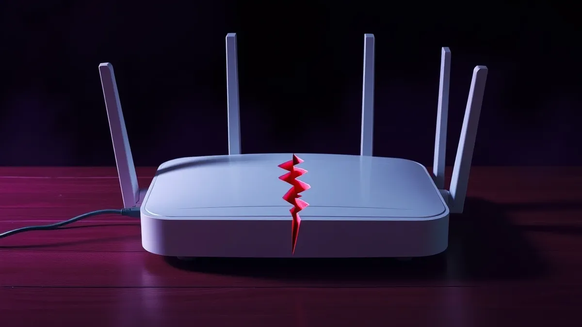 Illustration: A white wireless router sits on a wooden surface with its power cable plugged in.