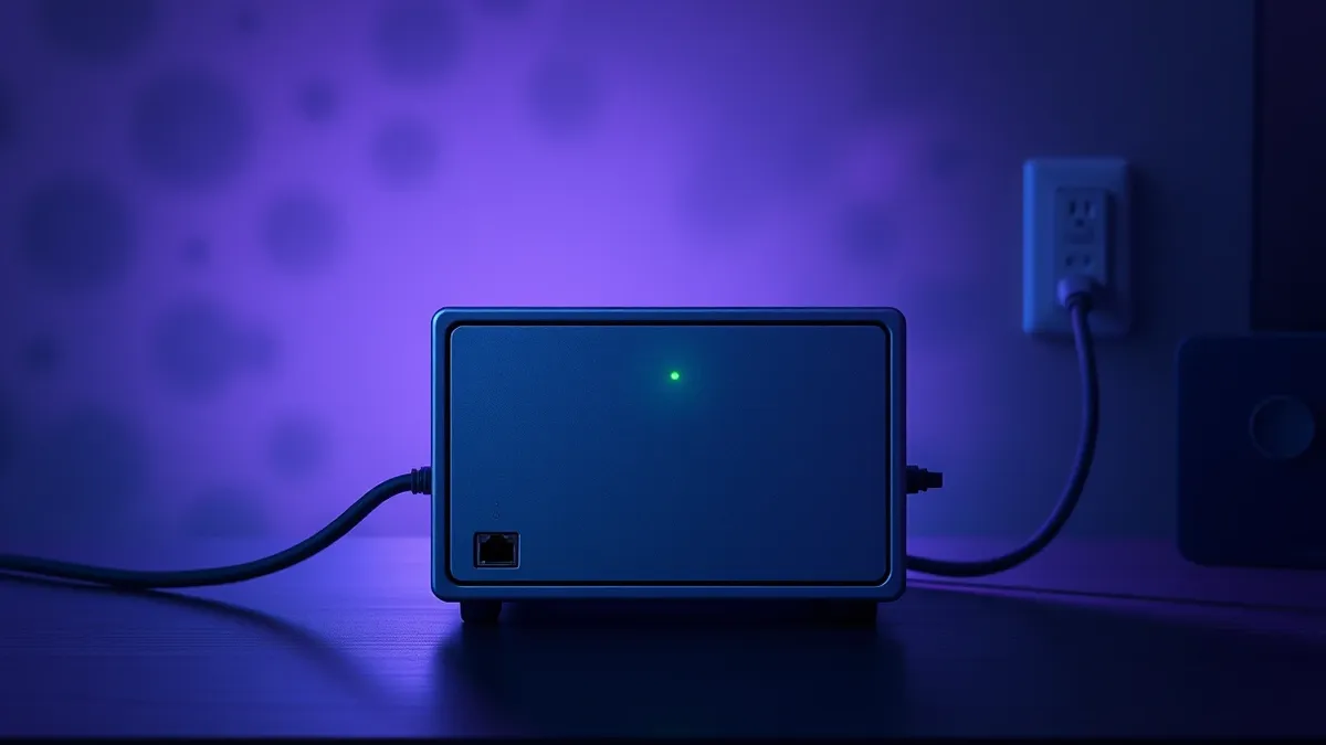 Illustration: A sleek silver network firewall box sits on a wooden desk, its front panel displaying a single solid green light.
