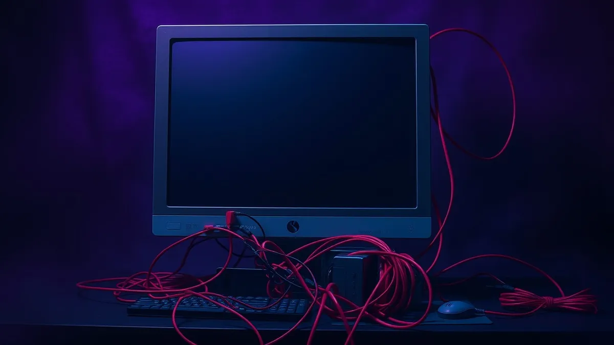 Illustration: A chaotic tangle of red cables connects a generic desktop computer to a dark, shadowy void.