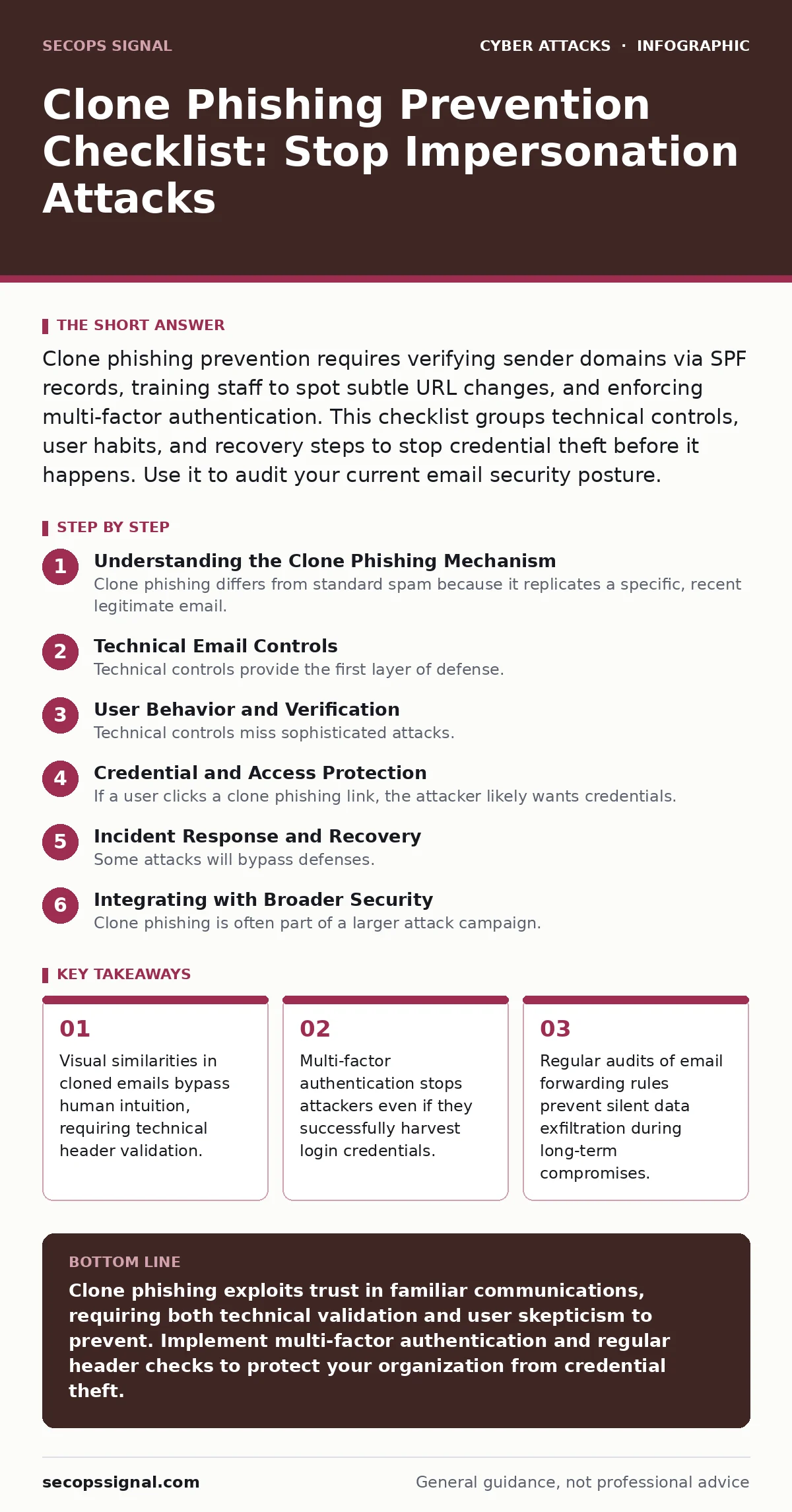 Infographic: Clone Phishing Prevention Checklist: Stop Impersonation Attacks. Visual similarities in cloned emails bypass human intuition, requiring technical header validation. Multi-factor authentication stops attackers even if they successfully harvest login credentials. Regular audits of email f