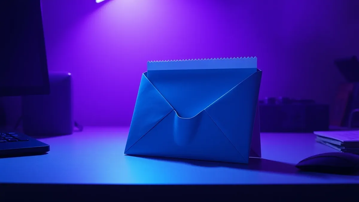 Illustration: A single open envelope rests on a clean desk, its paper surface mirroring the crisp design of a standard business letter but revealing a subtle, jagged digital glitch