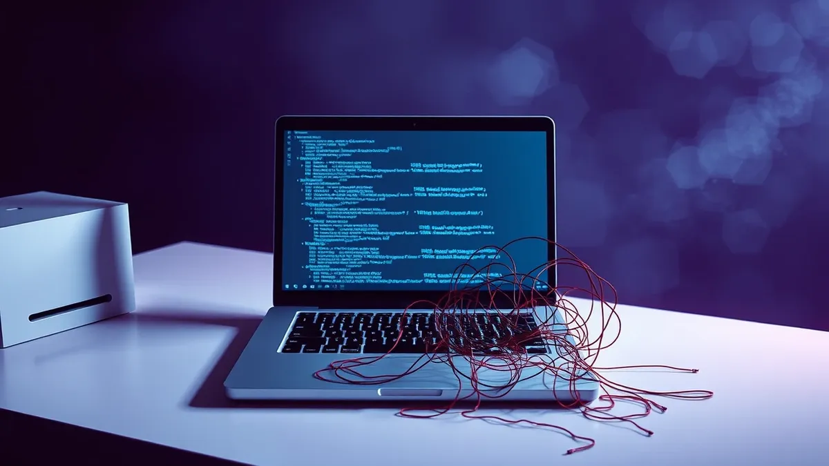 Illustration: A clean white desk holds an open laptop displaying abstract blue and grey code blocks on its screen.