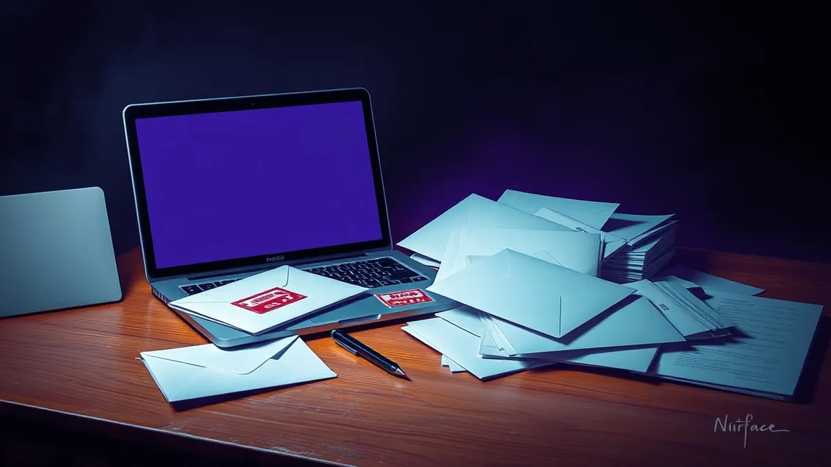 Illustration: A wooden desk holds an open laptop with a blank screen and a scattered pile of white envelopes.