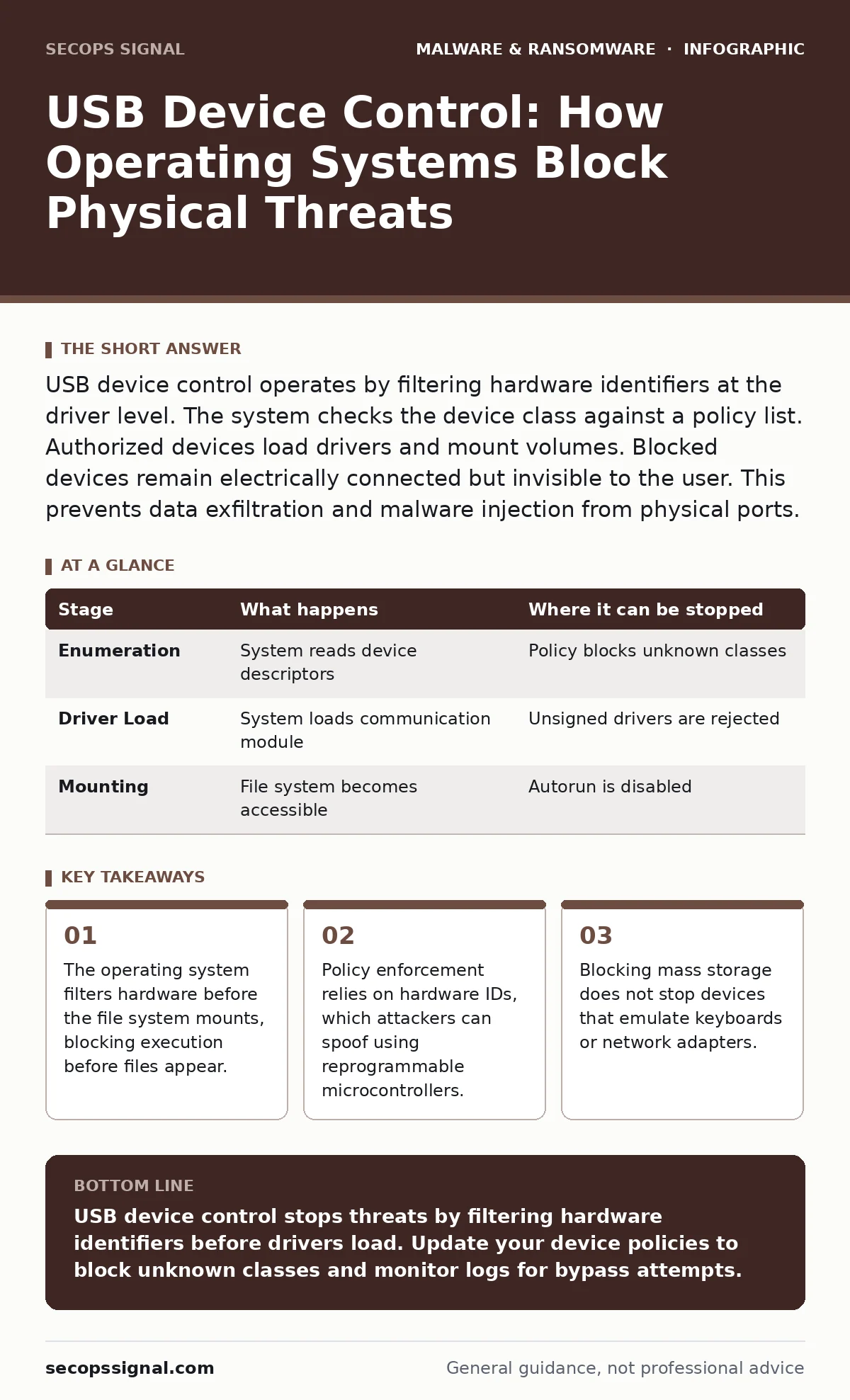 Infographic: USB Device Control: How Operating Systems Block Physical Threats. The operating system filters hardware before the file system mounts, blocking execution before files appear. Policy enforcement relies on hardware IDs, which attackers can spoof using reprogrammable microcontrollers. Bloc