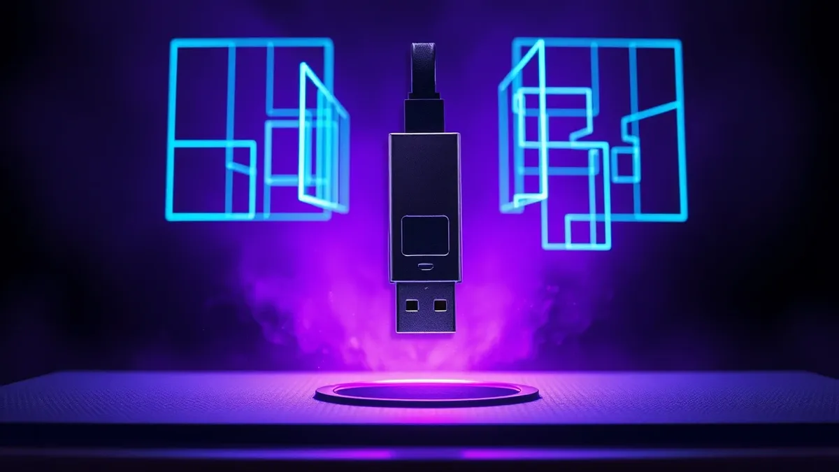 Illustration: A USB flash drive hangs suspended in mid-air above a computer’s port, halted by an invisible barrier of geometric light grids.