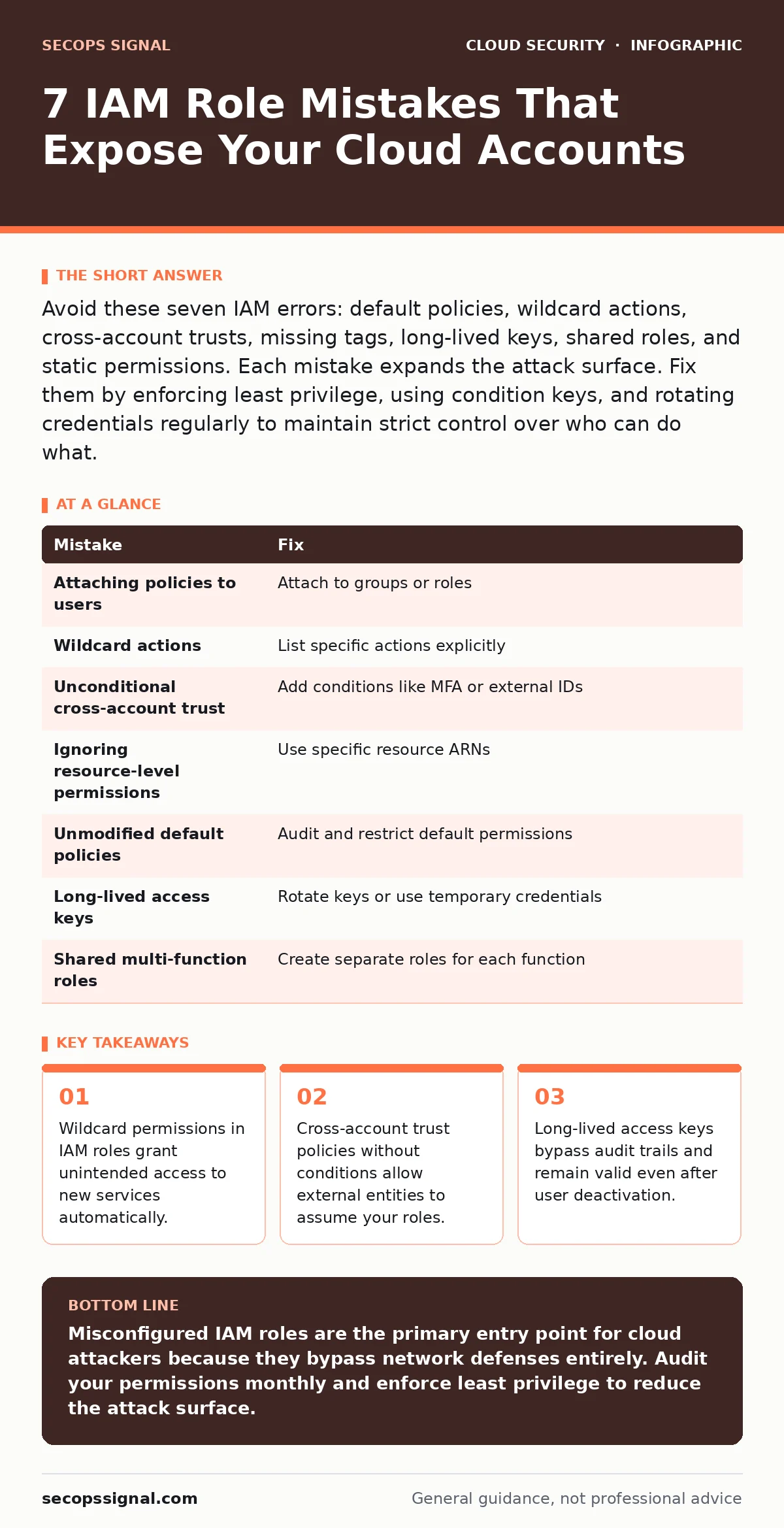 Infographic: 7 IAM Role Mistakes That Expose Your Cloud Accounts. Wildcard permissions in IAM roles grant unintended access to new services automatically. Cross-account trust policies without conditions allow external entities to assume your roles. Long-lived access keys bypass audit trails and rema