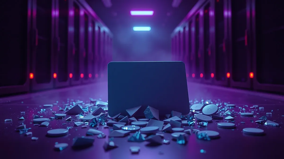 Illustration: A digital identity card lies cracked on a server floor.