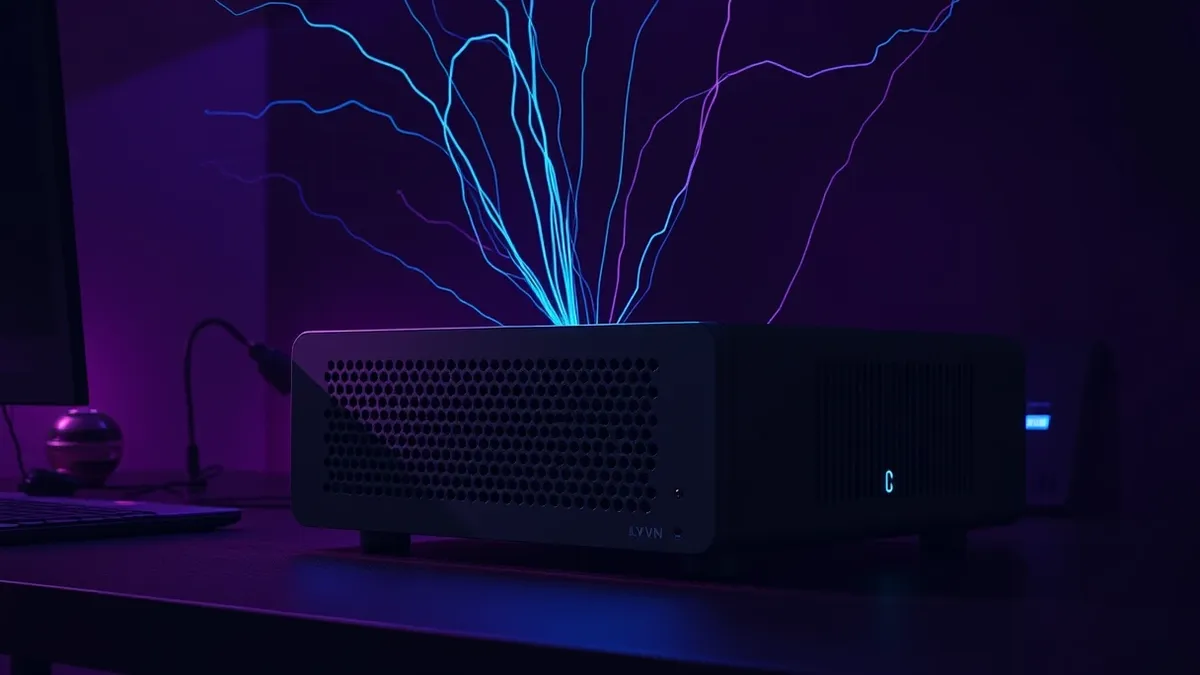 Illustration: A sleek black VPN gateway sits on a dark office desk with its ventilation holes glowing faintly.