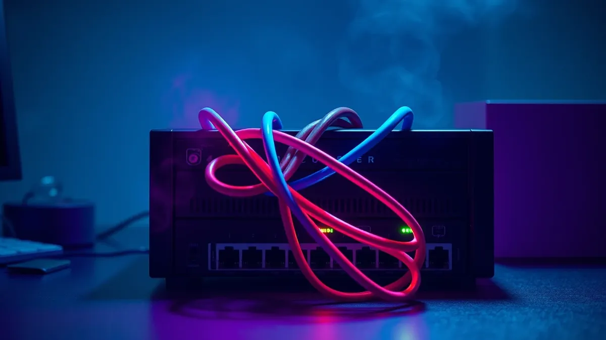 Illustration: A server router sits on a desk, with two distinct colored cables plugged into its ports.