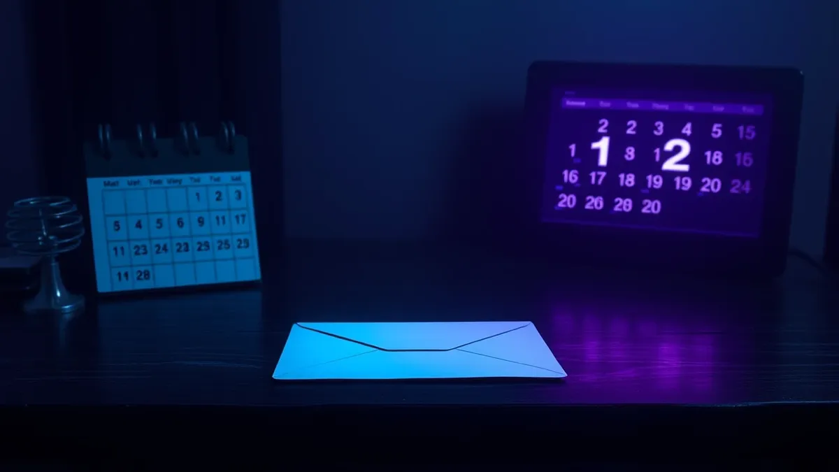 Illustration: A single blank white envelope rests on a dark wooden desk, overshadowed by a large digital calendar displaying a date in mid-January.