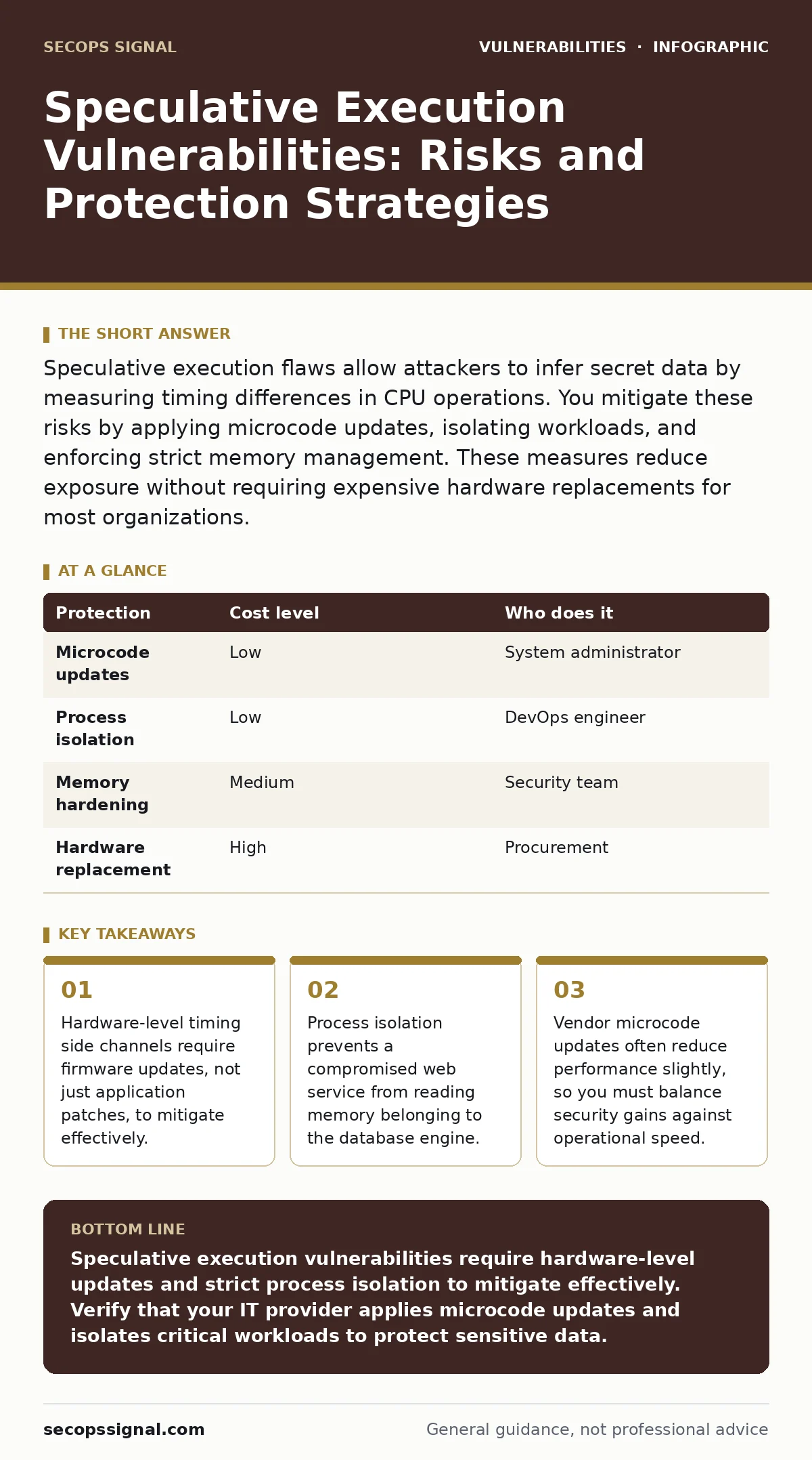 Infographic: Speculative Execution Vulnerabilities: Risks and Protection Strategies. Hardware-level timing side channels require firmware updates, not just application patches, to mitigate effectively. Process isolation prevents a compromised web service from reading memory belonging to the database