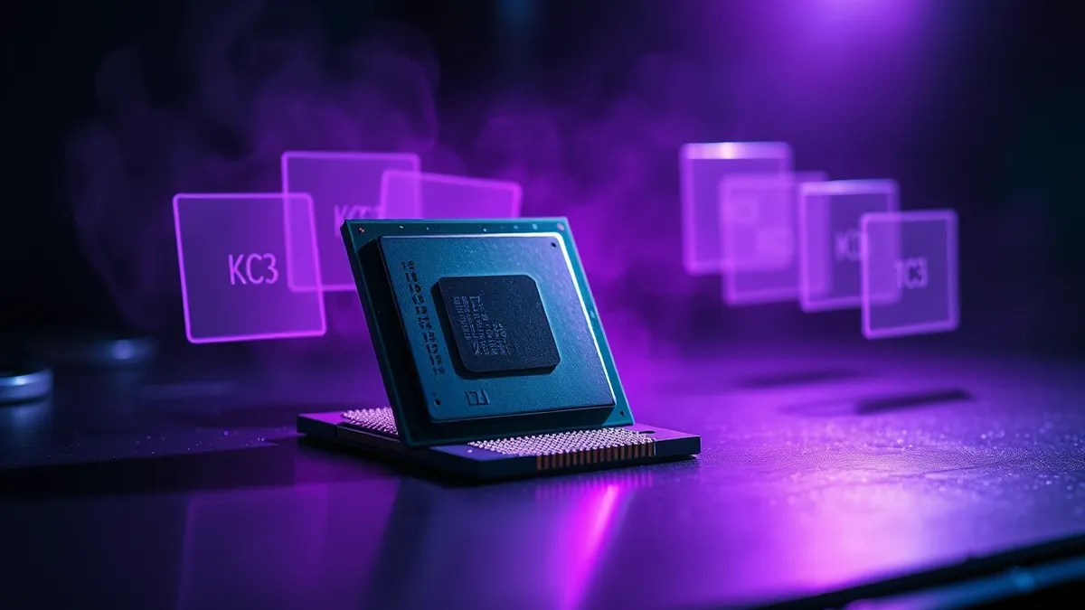 Illustration: A microprocessor die rests on a dark workbench, its metallic surface reflecting overhead light.