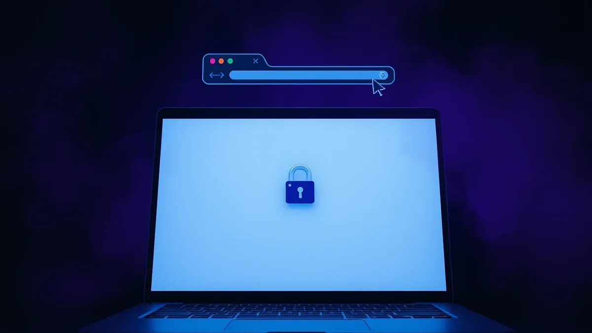 Illustration: A robotic browser window hovers over a blank web page, its cursor dragging a hidden internal server icon out from behind a firewall wall.