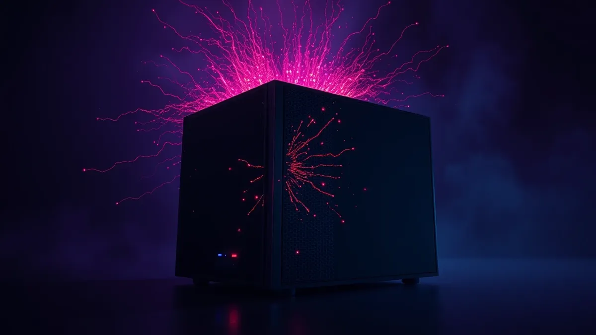 Illustration: A sleek black server blade sits isolated in a dark room, its status lights flickering erratically as a chaotic burst of red energy waves crashes against its front pan