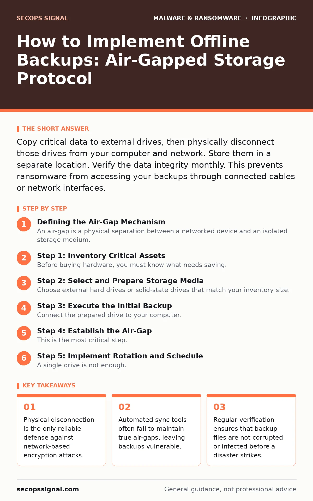 Infographic: How to Implement Offline Backups: Air-Gapped Storage Protocol. Physical disconnection is the only reliable defense against network-based encryption attacks. Automated sync tools often fail to maintain true air-gaps, leaving backups vulnerable. Regular verification ensures that backup fi