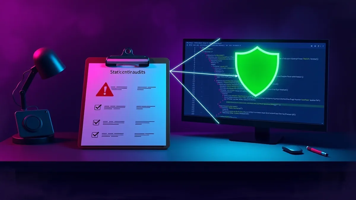 Illustration: A split desk view shows a clipboard with a checklist on the left and a code editor on the right.