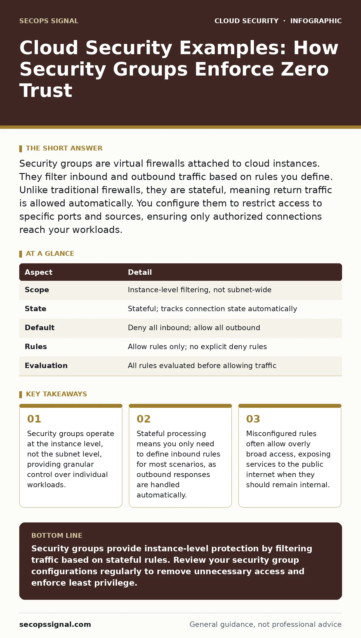 Infographic: Cloud Security Examples: How Security Groups Enforce Zero Trust. Security groups operate at the instance level, not the subnet level, providing granular control over individual workloads. Stateful processing means you only need to define inbound rules for most scenarios, as outbound res